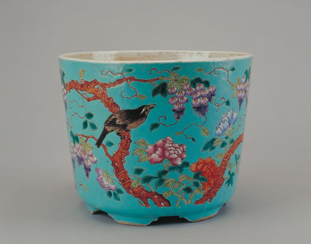 图片[1]-Green Pink Cane Rose Pattern Flower Pot-China Archive